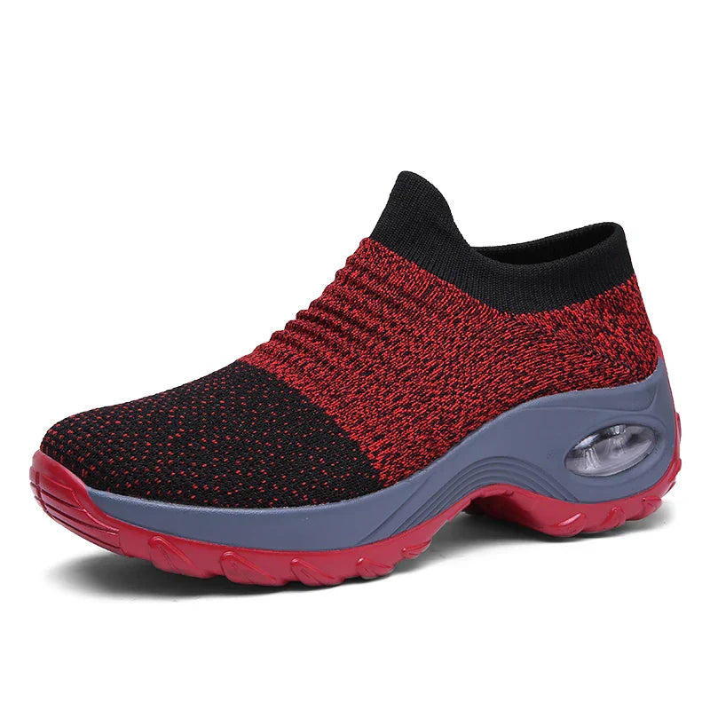 Kvinnors sneakers med tjock sula och luftkudde i flera färger, modern design för stil och komfort.