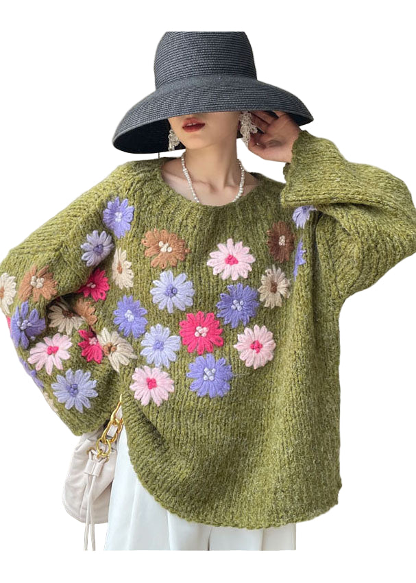 "Kvinnors stickad blomtröja, broderade blommor, loose fit, vintervänlig sweatshirt"