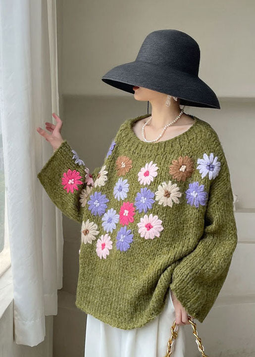 "Kvinnors stickad blomtröja, broderade blommor, loose fit, vintervänlig sweatshirt"