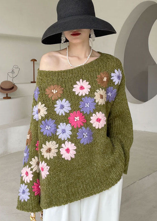 "Kvinnors stickad blomtröja, broderade blommor, loose fit, vintervänlig sweatshirt"