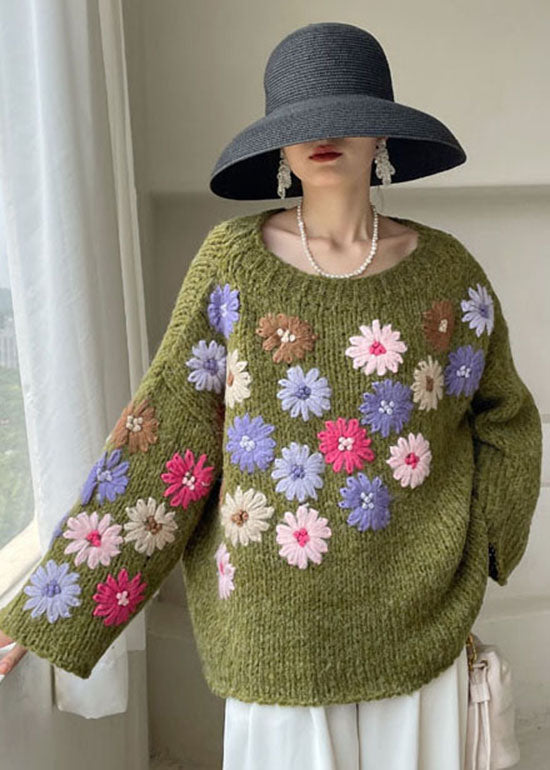 "Kvinnors stickad blomtröja, broderade blommor, loose fit, vintervänlig sweatshirt"