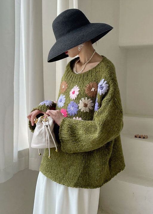 "Kvinnors stickad blomtröja, broderade blommor, loose fit, vintervänlig sweatshirt"