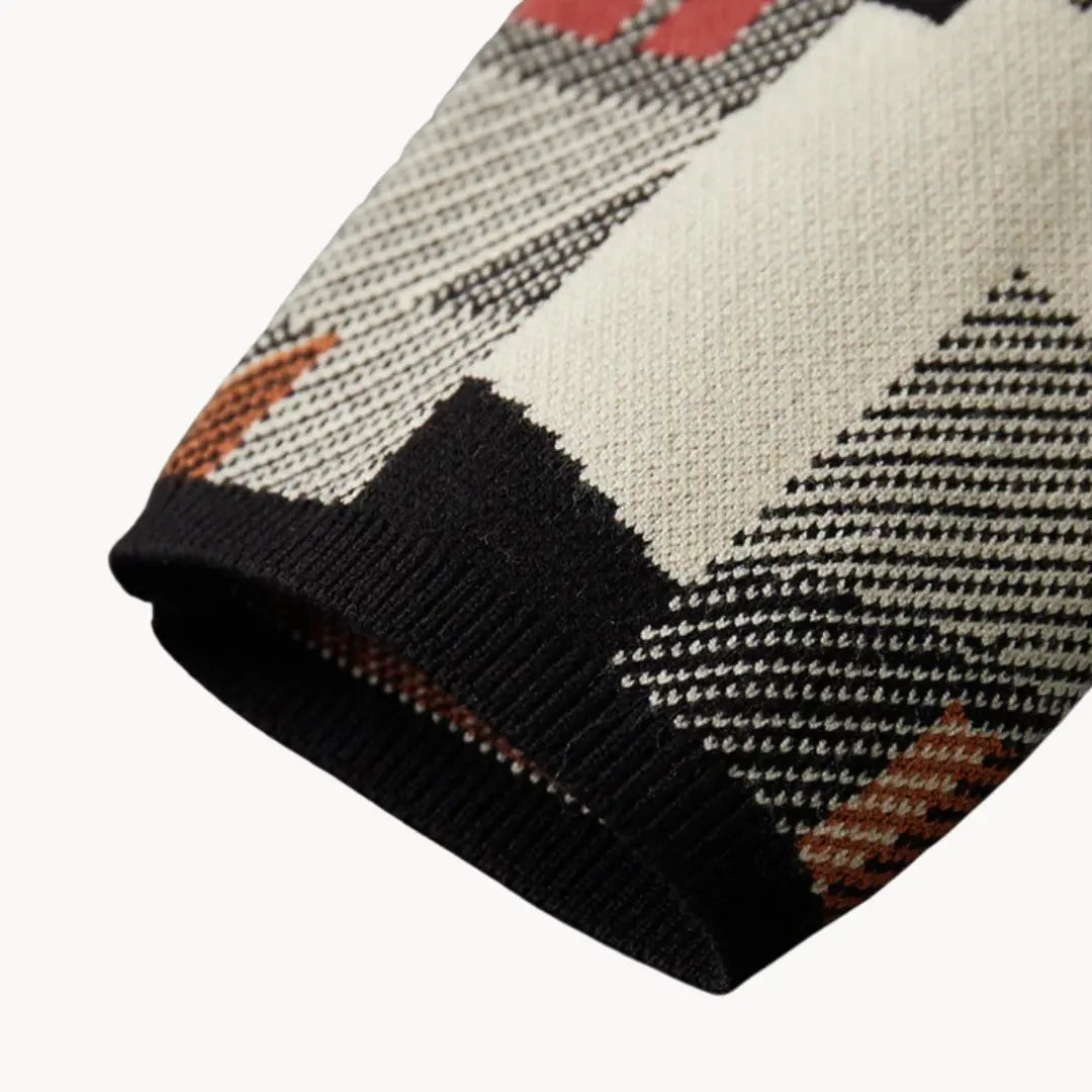 "Kvinnors stickad kofta, abstrakt mönster, modern passform, färgglad design, elegant och bekväm klädesplagg."