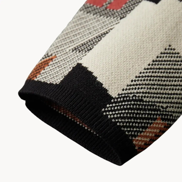 "Kvinnors stickad kofta, abstrakt mönster, modern passform, färgglad design, elegant och bekväm klädesplagg."