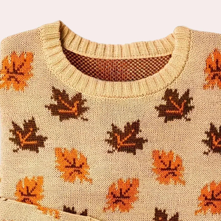 "Kvinnors stickad långärmad tröja med bladmönster, rund hals, ribbade ärmslut, perfekt för höst och vinter."