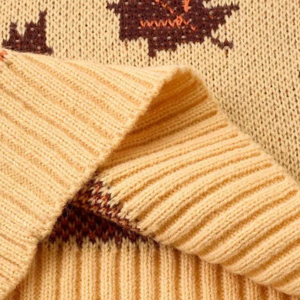 "Kvinnors stickad långärmad tröja med bladmönster, rund hals, ribbade ärmslut, perfekt för höst och vinter."