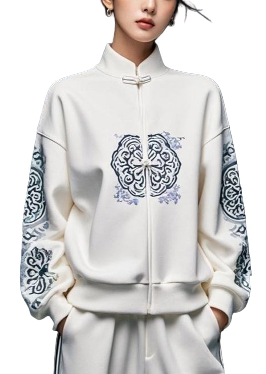 "Kvinnors sweatshirt med stativkrage, vitt tryck, loose fit; trendig och bekväm för både vardag och halvformella tillfällen."