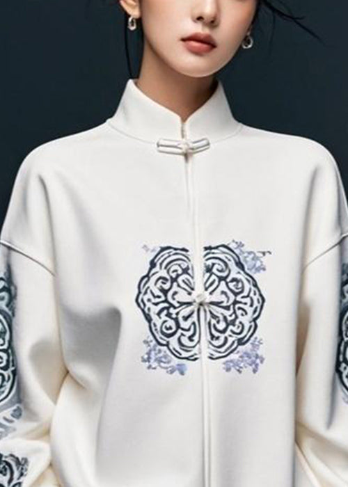 "Kvinnors sweatshirt med stativkrage, vitt tryck, loose fit; trendig och bekväm för både vardag och halvformella tillfällen."