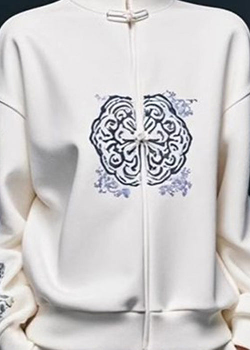 "Kvinnors sweatshirt med stativkrage, vitt tryck, loose fit; trendig och bekväm för både vardag och halvformella tillfällen."