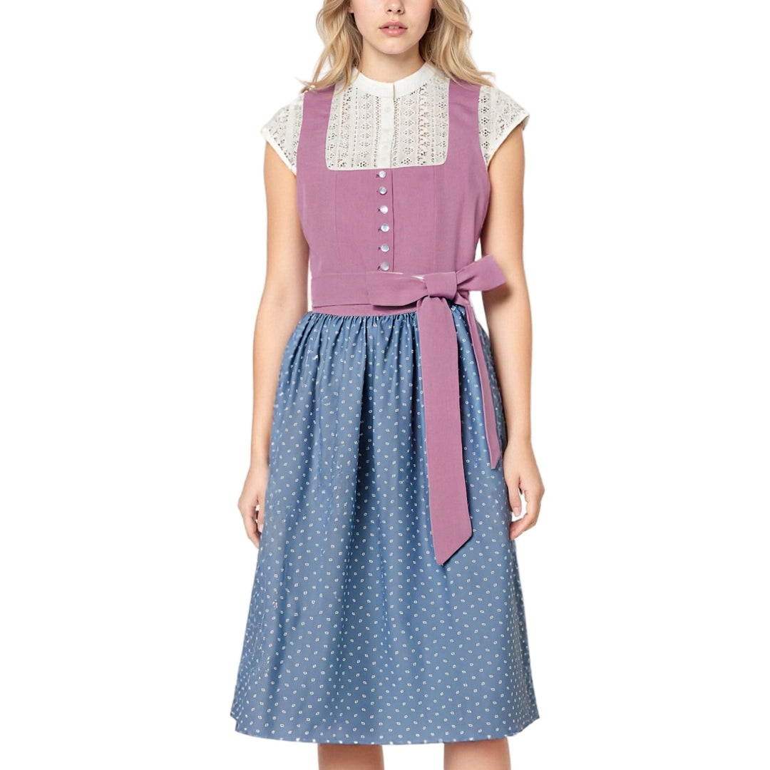 "Kvinnors traditionell dirndlklänning med schürze, elegant bayersk design med knäppning och matchande schürze."