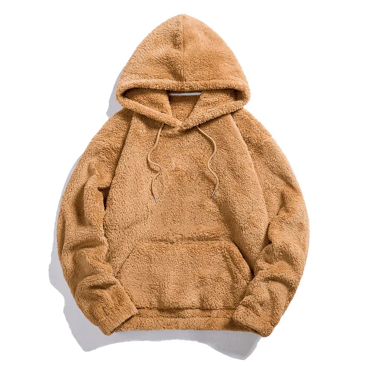"Kvinnors urban fleecehuvtröja med fickor, mjuk grå fleece, modern streetstyle, praktisk för höst och vinter."