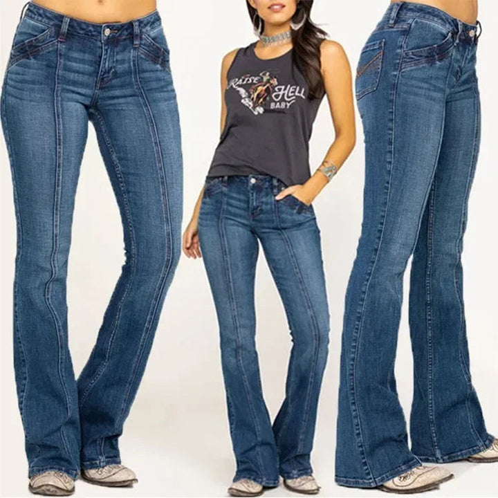 "Kvinnors utsvängda retrojeans med chic stil och bekväm passform, i blå denim med lätt stretch."