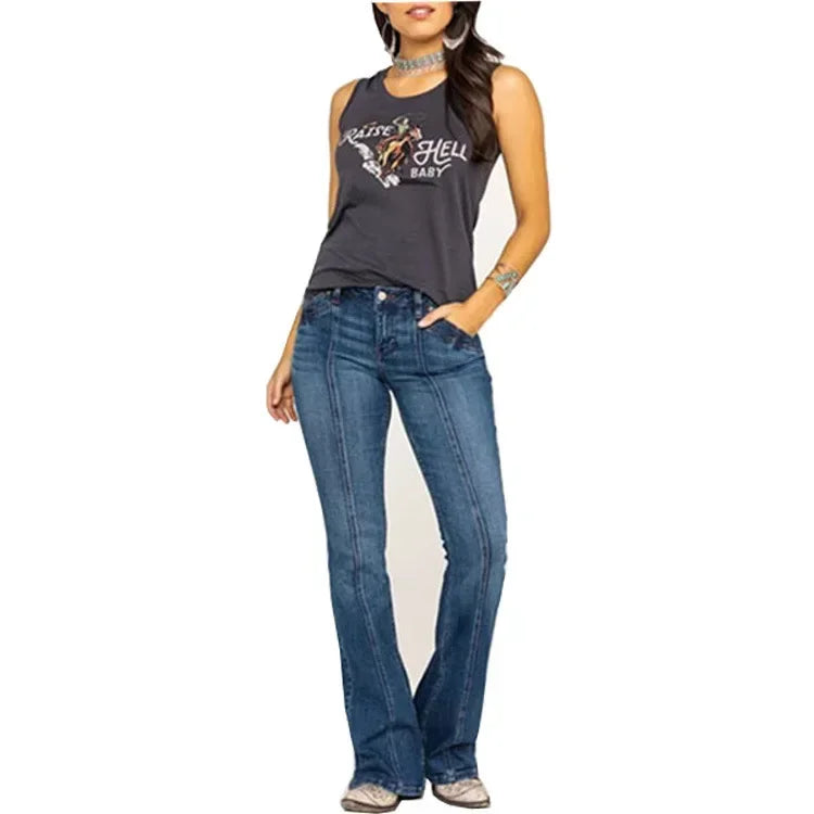 "Kvinnors utsvängda retrojeans med chic stil och bekväm passform, i blå denim med lätt stretch."