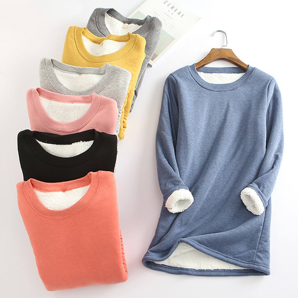 "Kvinnors varm sherpa fleece långärmad tröja, rundhalsad design, tjockt foder, perfekt för kalla dagar"