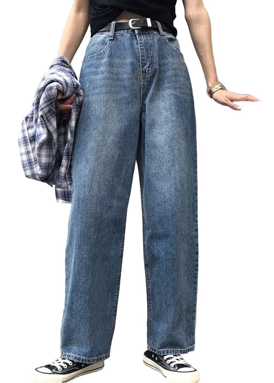 "Kvinnors vintage vida jeansblå byxor med hög midja, vida ben och elegant silhuett för tidlös stil."
