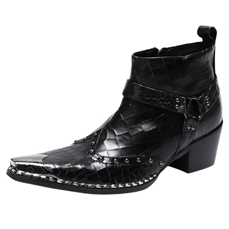 "Låga herr cowboyboots i svart PU-läder med krokodilmönster och dragkedja, perfekt för stilmedvetna män."