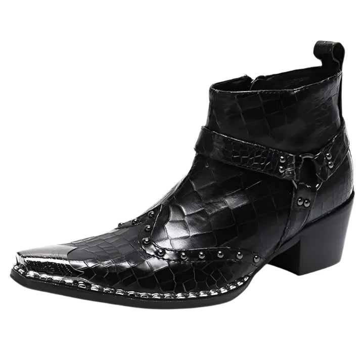 "Låga herr cowboyboots i svart PU-läder med krokodilmönster och dragkedja, perfekt för stilmedvetna män."