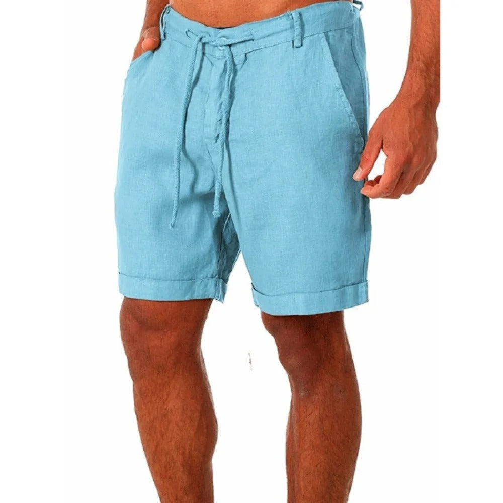 "Linneshorts för män, andningsbart tyg, elastisk midja, elegant snitt, perfekta för sommar och strandaktiviteter."