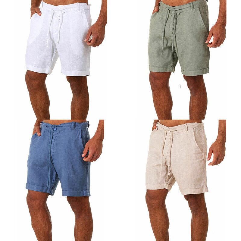 "Linneshorts för män, andningsbart tyg, elastisk midja, elegant snitt, perfekta för sommar och strandaktiviteter."