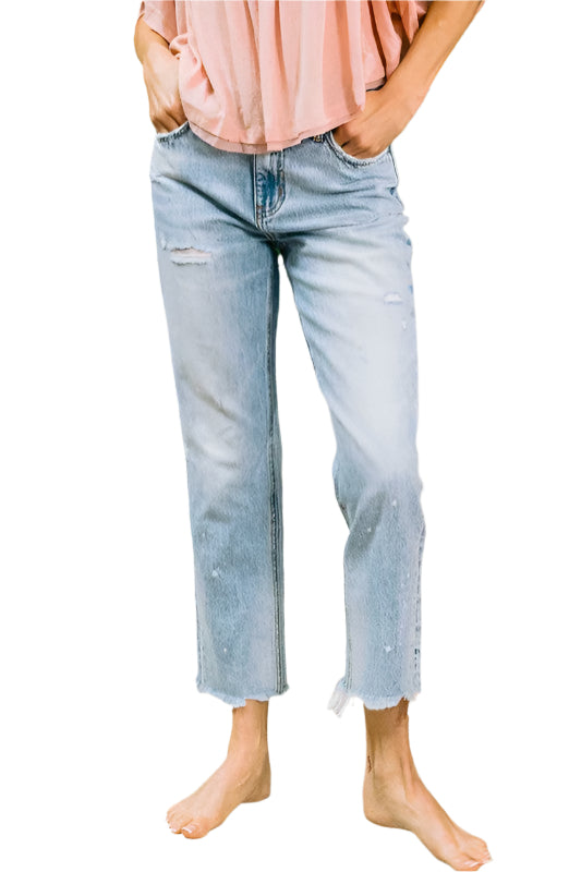 Ljus denim hög midja kvinnor ankeljeans med raka ben, smickrande passform, mjukt material för mångsidiga stilval.