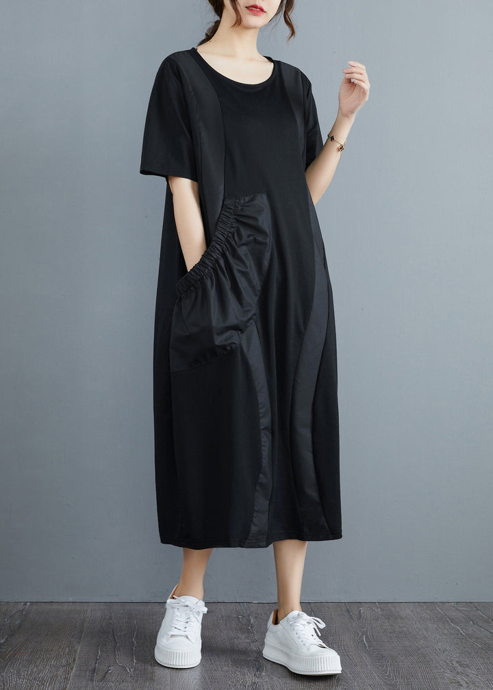 "Lång O-hals klänning med fickor, patchwork-mönster, dammode, avslappnad stil, unik design, sommarklänning."