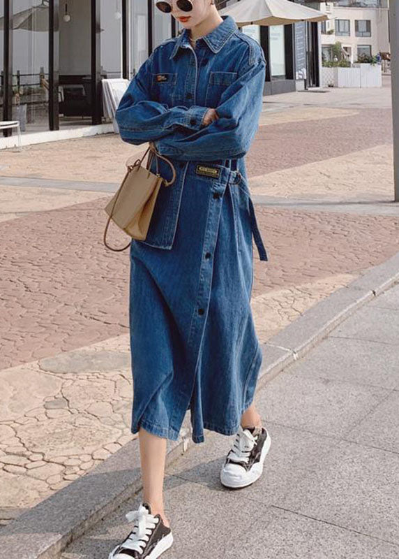 Lång klänning för kvinnor med asymmetrisk design och fickor, i mjuk bomullsblandning, perfekt för höstmode.