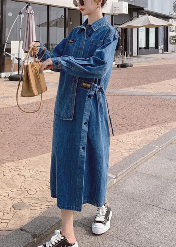 Lång klänning för kvinnor med asymmetrisk design och fickor, i mjuk bomullsblandning, perfekt för höstmode.