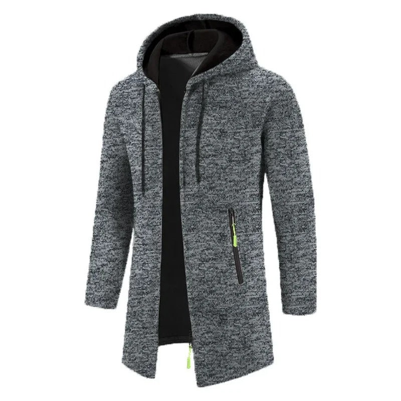 "Långärmad dragkedjehoodie för män i grått, isolerande tyg, bekväm passform, lämplig för vardag och utomhusaktiviteter."