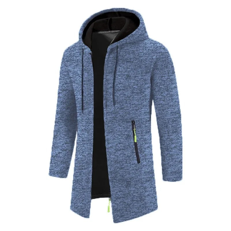"Långärmad dragkedjehoodie för män i grått, isolerande tyg, bekväm passform, lämplig för vardag och utomhusaktiviteter."
