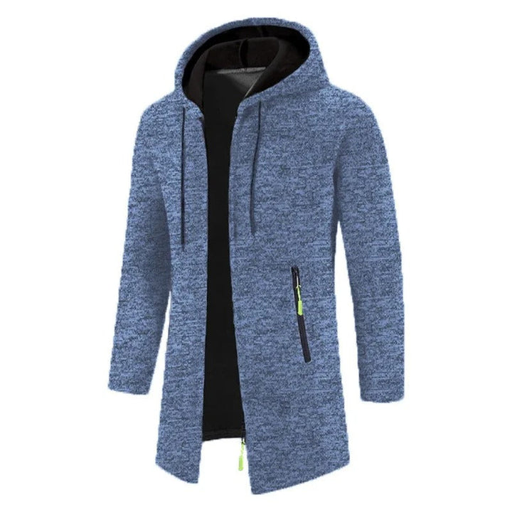 "Långärmad dragkedjehoodie för män i grått, isolerande tyg, bekväm passform, lämplig för vardag och utomhusaktiviteter."