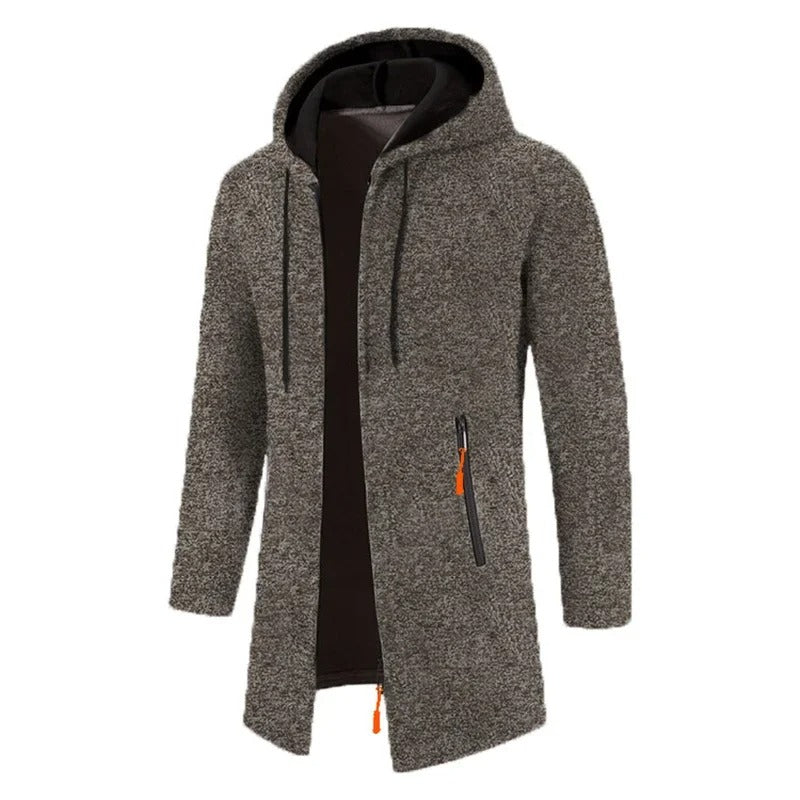"Långärmad dragkedjehoodie för män i grått, isolerande tyg, bekväm passform, lämplig för vardag och utomhusaktiviteter."