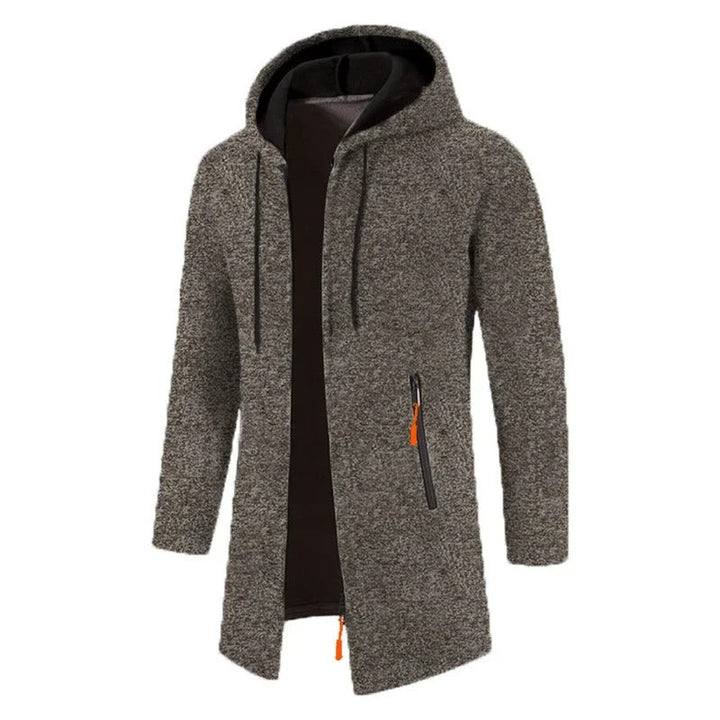 "Långärmad dragkedjehoodie för män i grått, isolerande tyg, bekväm passform, lämplig för vardag och utomhusaktiviteter."