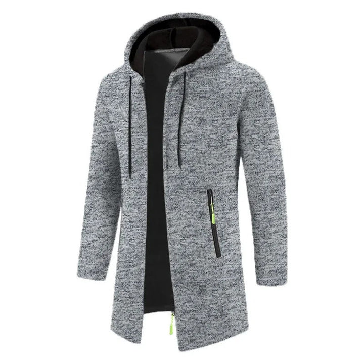 "Långärmad dragkedjehoodie för män i grått, isolerande tyg, bekväm passform, lämplig för vardag och utomhusaktiviteter."