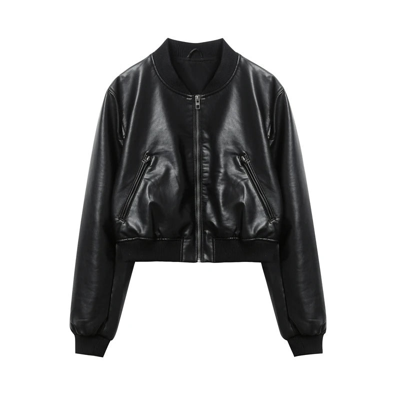 "Långärmad svart läderjacka för kvinnor med dragkedja i bikerstil, croppad design, perfekt för edgy look."