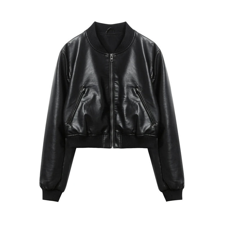"Långärmad svart läderjacka för kvinnor med dragkedja i bikerstil, croppad design, perfekt för edgy look."