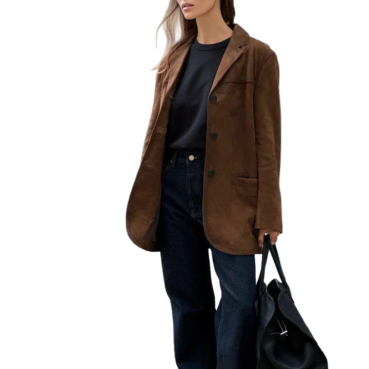 "Löstsittande mockajacka för kvinnor, elegant design, höst- och vinterbruk, klassisk stil med modern chic look."