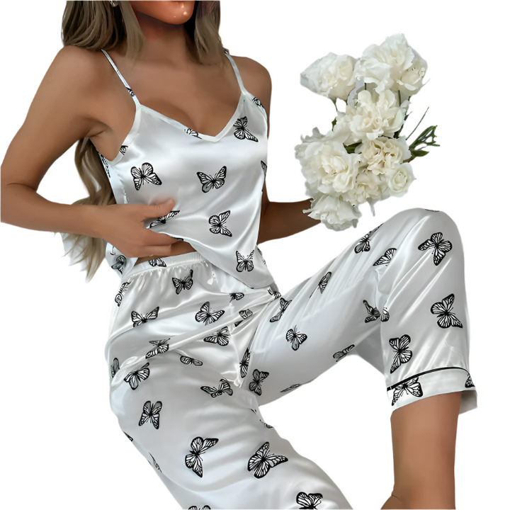 "Lyxig dam pyjamas i fjärilstryck, satin look, mjuk och komfortabel för stilfulla och bekväma nätter."