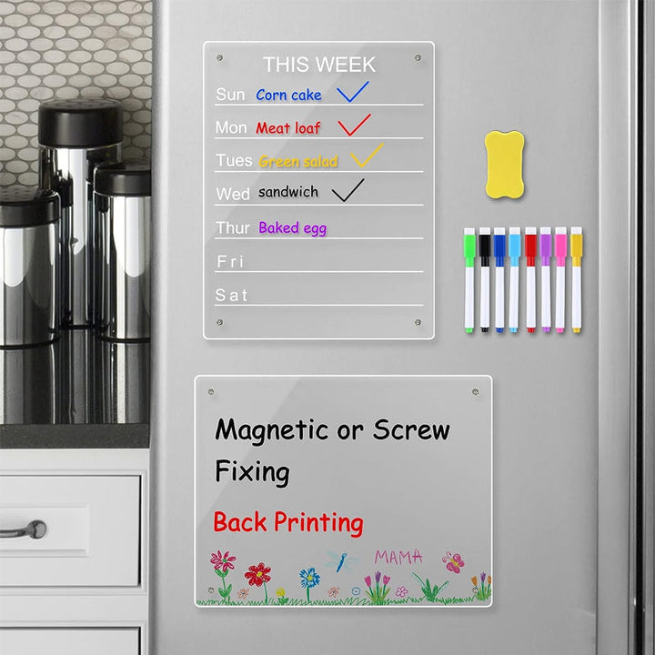 Magnetisk akryl whiteboard med kalender, genomskinlig design, passar kylskåpets metallyta, hållbar och stilren.