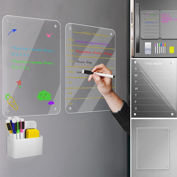 Magnetisk akryl whiteboard med kalender, genomskinlig design, passar kylskåpets metallyta, hållbar och stilren.