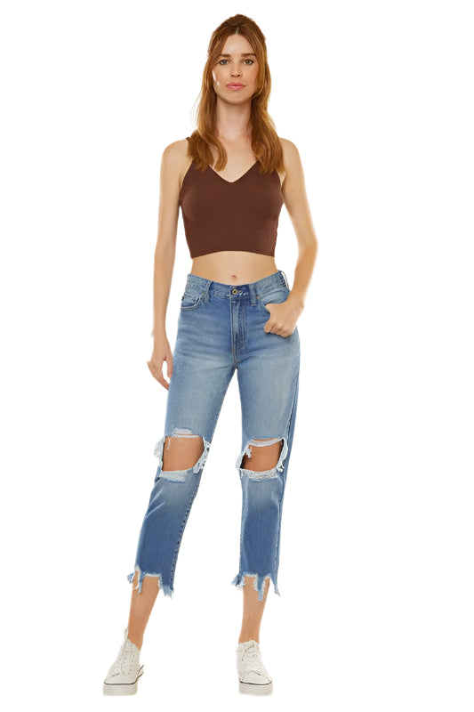"Mamma jeans hög midja mörk denim, flexibel passform, elegant och trendig för kvinnor, perfekt för vardag och tillfällen."