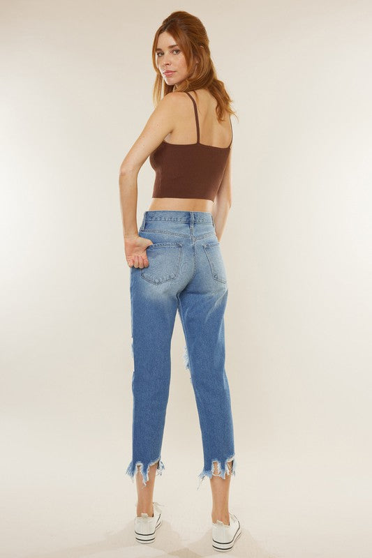"Mamma jeans hög midja mörk denim, flexibel passform, elegant och trendig för kvinnor, perfekt för vardag och tillfällen."
