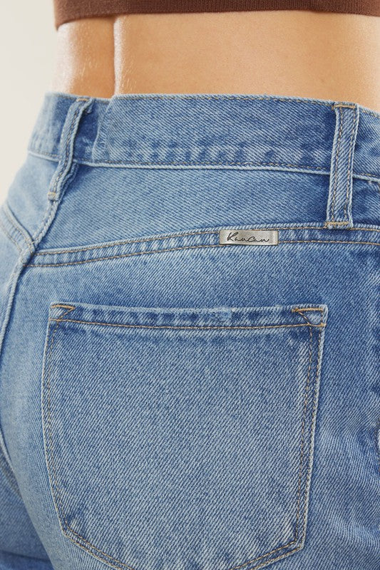 "Mamma jeans hög midja mörk denim, flexibel passform, elegant och trendig för kvinnor, perfekt för vardag och tillfällen."