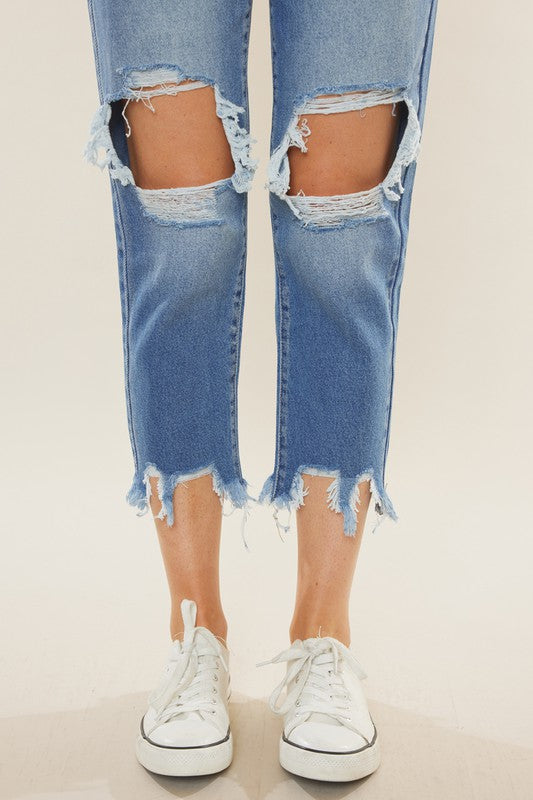 "Mamma jeans hög midja mörk denim, flexibel passform, elegant och trendig för kvinnor, perfekt för vardag och tillfällen."