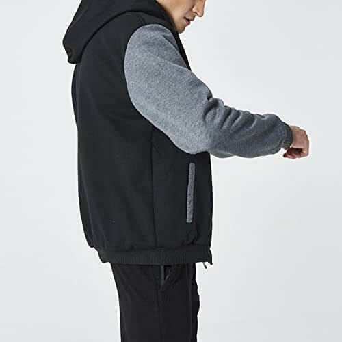 "Men's vinter fleecejacka med huva och dragkedja, mjukt foder, vindtät, elastiska sidor, framvy."