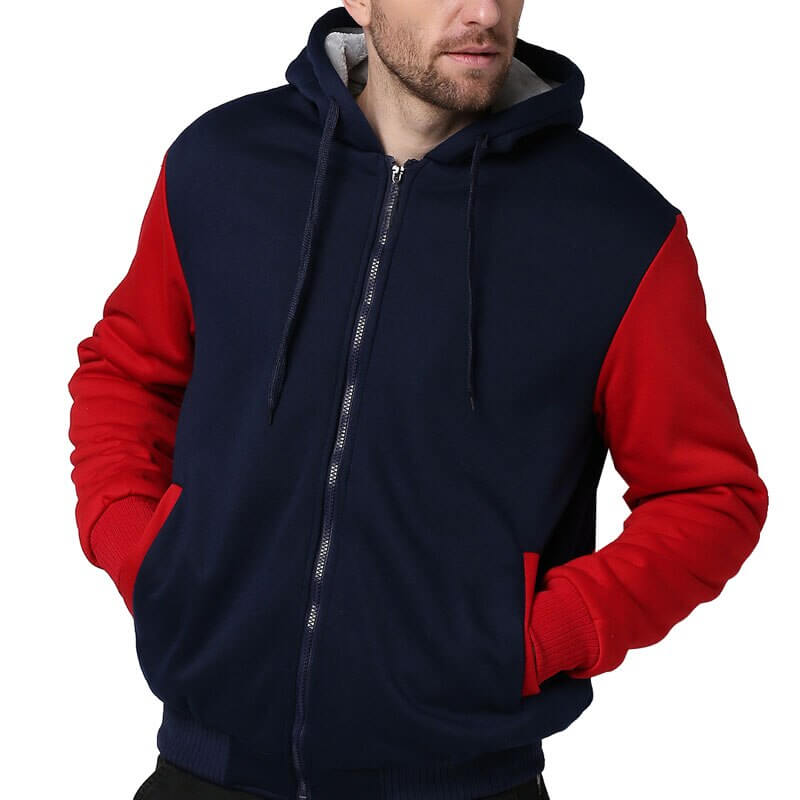 "Men's vinter fleecejacka med huva och dragkedja, mjukt foder, vindtät, elastiska sidor, framvy."