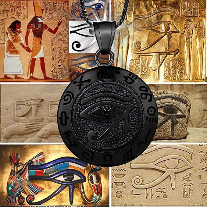 "Miljövänligt Öga av Horus halsband i stål för män och kvinnor, med antik egyptisk design och symbolik för skydd."