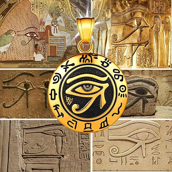 "Miljövänligt Öga av Horus halsband i stål för män och kvinnor, med antik egyptisk design och symbolik för skydd."