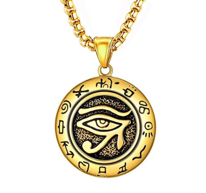 "Miljövänligt Öga av Horus halsband i stål för män och kvinnor, med antik egyptisk design och symbolik för skydd."
