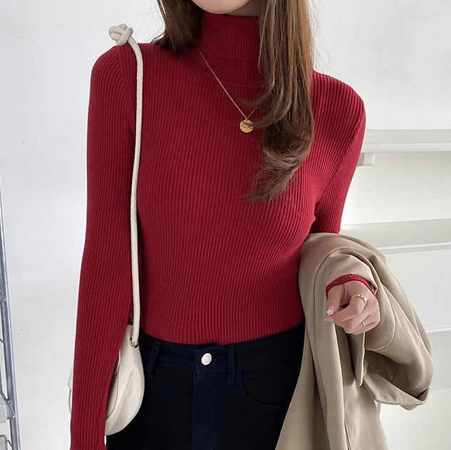 "Mjuk dam turtleneck tröja i stickad polyester. Klassisk polokrage, varm och elegant, perfekt för kyliga dagar."