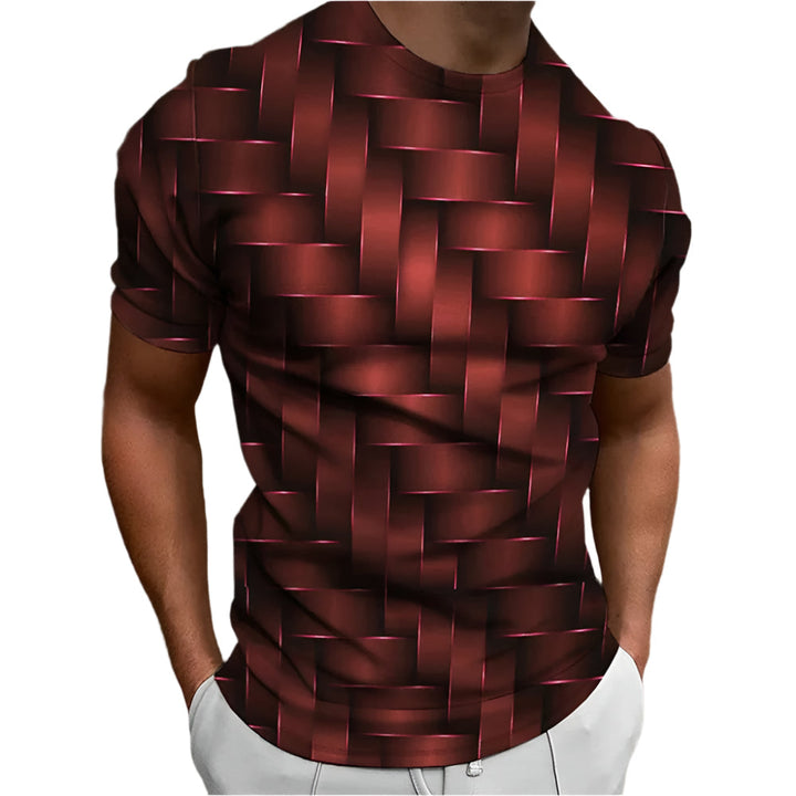 "Mäns T-shirt med geometriskt 3D-mönster, djärvt tryck i blåvita toner, modernt och visuellt imponerande."